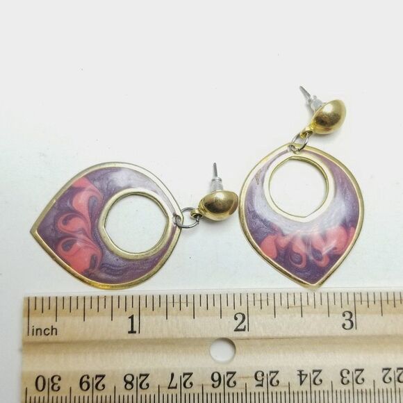 Vintage Purple and Pink Enamel Dangle Earrings, Fun 80s 90s Style, Barbie - Picture 4 of 6